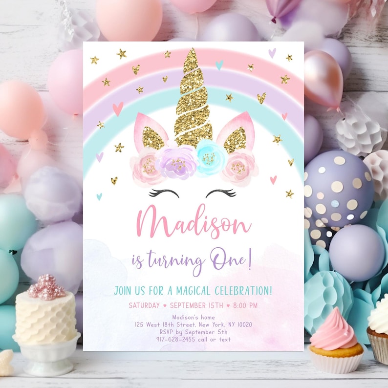 Editable Unicorn Birthday Invitation, Rainbow Floral Party (Digital Download) imagem 1