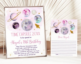 Editable Outer Space Birthday Time Capsule First Birthday Pink Gold Galaxy Planets Stars Girls Outer Space Party Solar System Printable A631