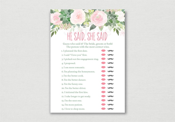 Blush Pink Succulent Floral He Said She Said Game / Floral Bridal Shower / Floral Succulent / Who Said It Game / INSTANT DOWNLOAD B131 Il_570xn