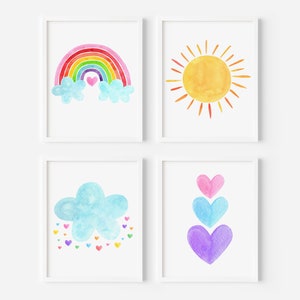 Set of 4 Rainbow Prints Rainbow Nursery Art Rainbow Wall Art Watercolor Cloud Sunshine Hearts Girls Wall Art Kids Printable Download A661 image 1