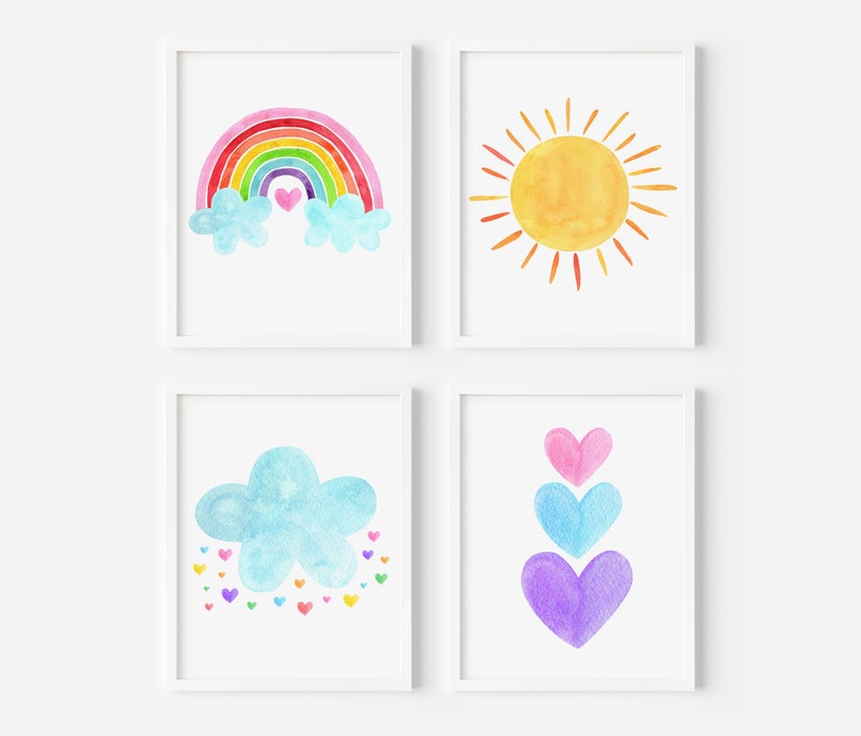 Set of 4 Rainbow Prints Rainbow Nursery Art Rainbow Wall Art Watercolor Cloud Sunshine Hearts Girls Wall Art Kids Printable Download A661 image 1