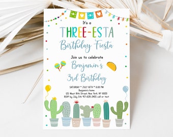 Editable Three-Esta Fiesta Birthday Invitation Third Birthday 3rd Cactus Boy Fiesta Party Cactus Succulent Mexican Digital Download A552