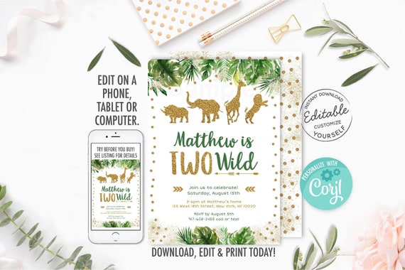 EDITABLE Two Wild Birthday Invitation, Gold Safari Birthday, Safari Animals, Jungle Animals, Boy Safari, Printable Instant Download A476 Il_570xn
