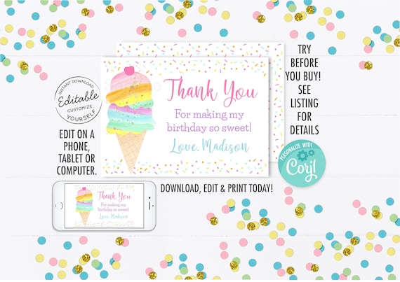 EDITABLE Ice Cream Birthday Thank You Card, Ice Cream Party, Rainbow Ice Cream, Rainbow Birthday, Printable, Instant Download, Corjl A499 Il_570xn