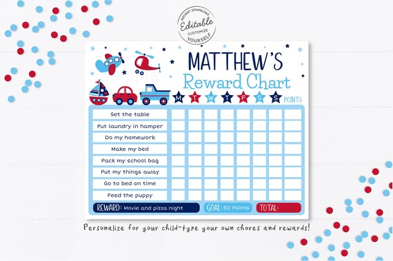 EDITABLE Vehicle Reward Chart, Car Truck Airplane Chore Chart Behavior Chart Boys Reward Chart Printable Digital Instant Download Corjl Il_570xn