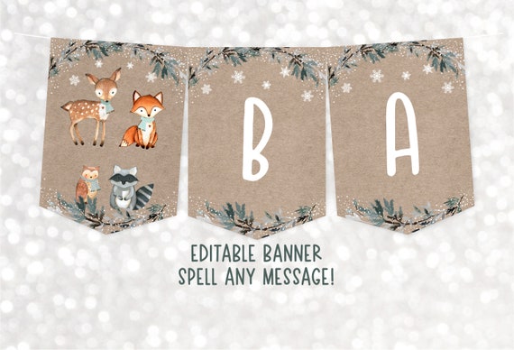 Editable Winter Woodland Baby Shower Banner Woodland Animals Winter Forest Animals Greenery Gender Neutral Snowy Woodland Digital A578 Il_570xn