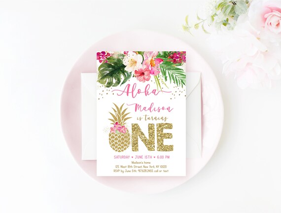 Editable Pineapple First Birthday Invitation Aloha Birthday Invite Tropical Pink Gold Floral Pineapple Printable Digital Download A494 Il_570xn
