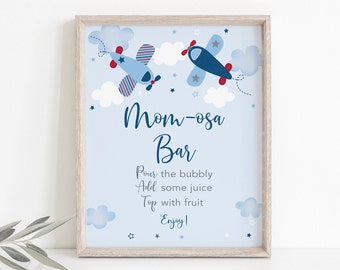 Airplane Mimosa Bar Sign Airplane Baby Shower Boy Baby Shower Stars Clouds Blue Red Mom-osa Bar Sign Printable Digital Download A566