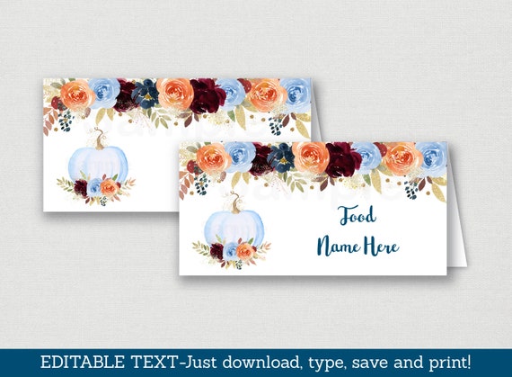 Blue Pumpkin Floral Baby Shower Tent Cards / Food Labels / Pumpkin Baby Shower / Fall Baby Shower / INSTANT DOWNLOAD Editable PDF A468 Il_570xn