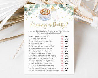 Editable Baby Is Brewing Mommy or Daddy Game Coffee Baby Shower Baby Brewing Greenery Gold Coed Gender Neutral Digital Download A601