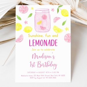 Editable Lemonade Birthday Invitation, Pink Lemonade Birthday Invite, Sunshine Fun Lemonade, Girl Lemonade Party Digital Download A675