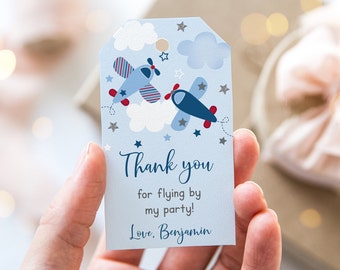 Editable Airplane Favor Tags, Thank You Tags, Thanks For Flying By, Airplane Birthday, Boy Airplane Party Stars Clouds Instant Download A566