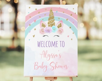 Editable Unicorn Baby Shower Welcome Sign Pastel Rainbow Unicorn Pink Gold Floral Unicorn Baby Girl Printable Digital Instant Download A582