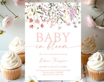 Baby In Bloom Baby Shower Invitation Wildflower Baby Shower Invite Soft Pink Boho Wildflowers Flower Baby Shower Editable Download A700