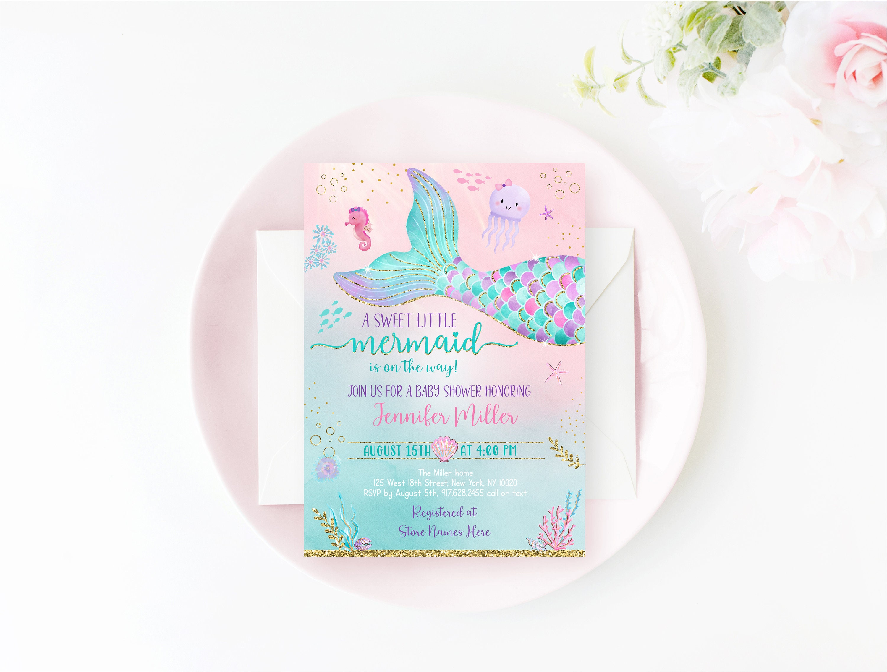 Invitations Paper & Party Supplies Paper SPANISH Under the sea girl baby shower Invite Templett