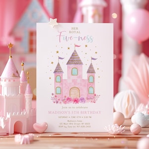 Ihre königliche Fünfheit Geburtstagseinladung, Prinzessin Schloss 5. Geburtstag einladen, Märchen-Rosa-Lila-Gold-Blumen, bearbeitbares Digital A752