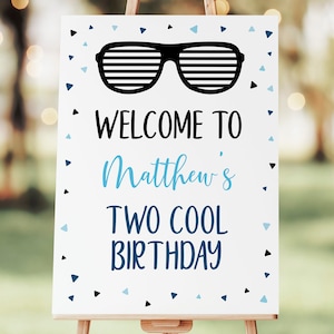編集可能な 2 つのクールな誕生日のウェルカム サイン、2 つのクールなパーティー、2 歳の誕生日、男の子の夏の誕生日、サングラス、プール パーティー、デジタル ダウンロード A538