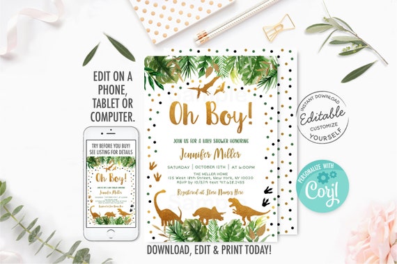 EDITABLE Dinosaur Baby Shower Invitation, Gold Dinosaur, Safari, Tropical Dinosaur, T Rex, Digital, Printable Instant Download Corjl A498 Il_570xn