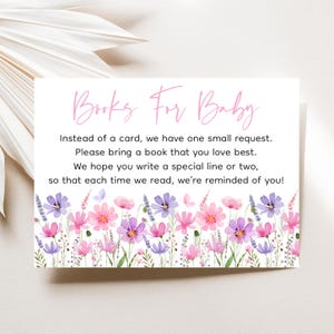 Wildflower babyshower boek verzoekkaarten, boeken voor baby, baby in bloei douche, boho roze paarse vlinder bloem wilde bloemen digitale A774