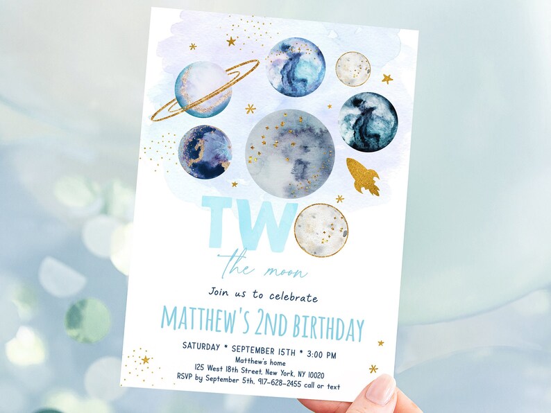 Editable Two The Moon Space Birthday Invitation Blue Gold Boy Galaxy Planets Outer Space Party Rocket Ship Printable Digital