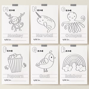 May include: Black and white printable alphabet flashcards featuring a different animal or object for each letter. The letters are in uppercase and the words are written below the images. The words are "Monkey", "Narwhal", "Octopus", "Popcorn", "Quail", and "Rainbow".