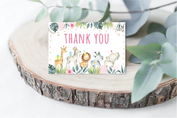 Pink Safari Birthday Thank You Card, Girl Pink and Gold Safari Animals, Zoo Animals, Jungle, Digital, Printable, Instant Download A517 Il_570xn