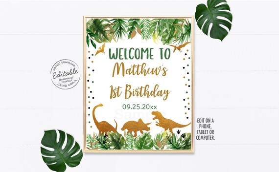 EDITABLE Dinosaur Birthday Welcome Sign, Gold Dinosaur, Dinosaur Safari, Dinosaur Dig Party, T- Rex Birthday, Printable, Digital Corjl A498 Il_570xn