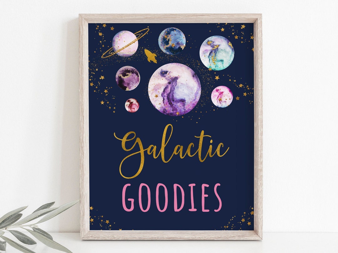 Space Galactic Goodies Birthday Sign Pink Gold Galaxy Planets Outer ...