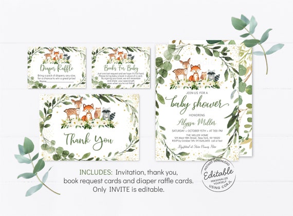 EDITABLE Woodland Baby Shower Package Woodland Baby Shower Invitation Set Gender Neutral Greenery Digital Printable Instant Download A524 Il_570xn