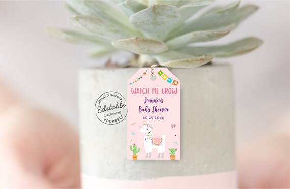EDITABLE Llama Watch Me Grow Favor Tags, Llama Baby Shower, Fiesta Baby Shower, Pink Llama, Cactus, Succulent, Printable, Digital A509 Il_570xn