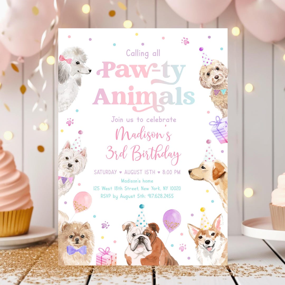 Editable Pink Puppy Birthday Invitation, Paw-ty Animals, Pastel Girl ...