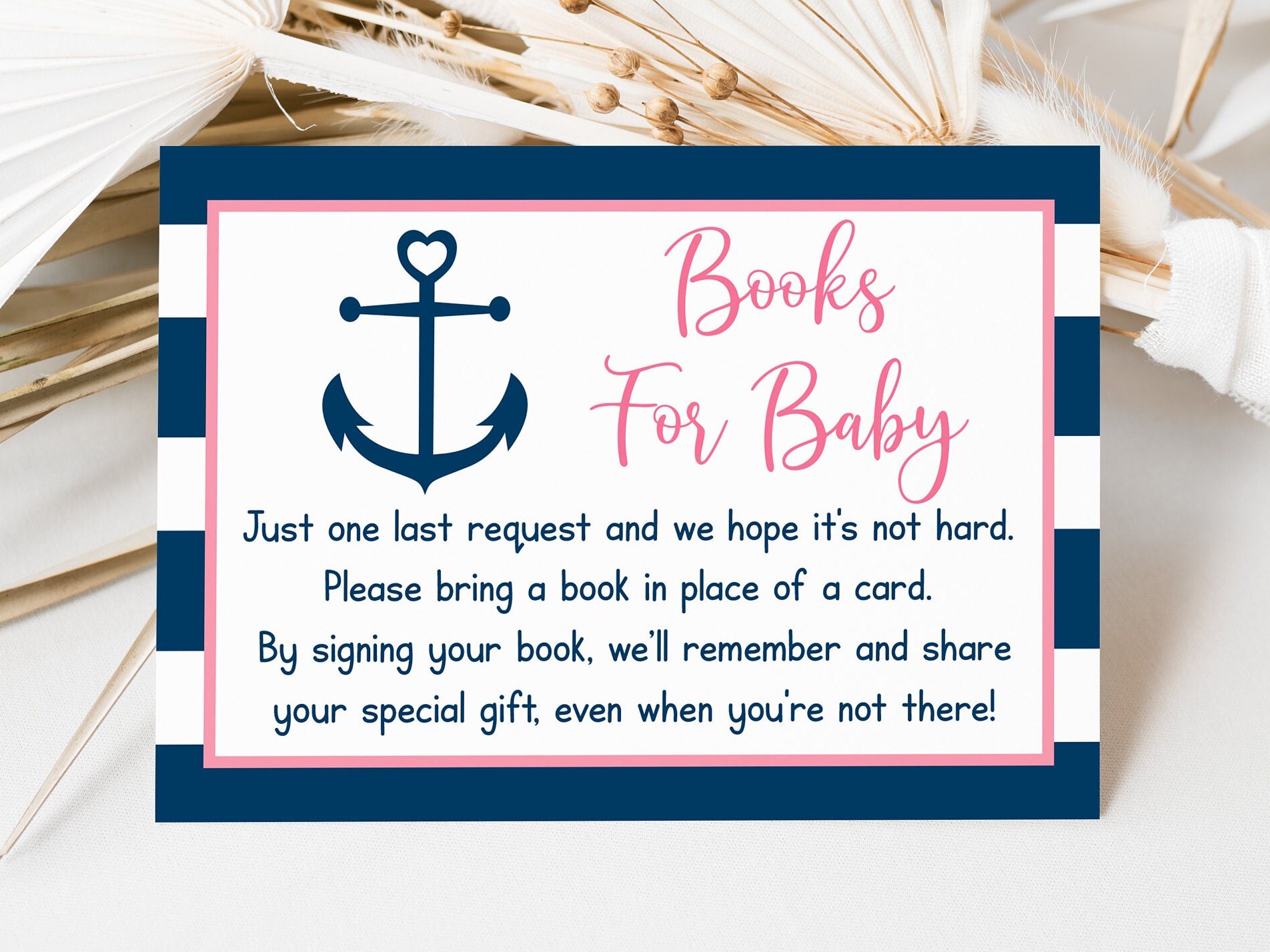 Pink Nautical Baby Shower Book Request Cards Anchor Baby Shower Pink Navy Girl Baby Shower Books For Baby Printable Digital Download A132
