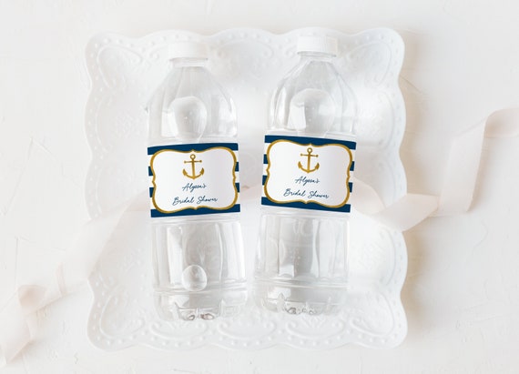 Editable Nautical Anchor Water Bottle Labels, Nautical Bridal Shower, Navy & Gold Anchor, Nautical Stripes, Printable Digital Download B101 Il_570xn