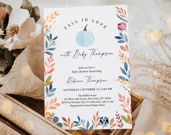 Editable Fall In Love Pumpkin Baby Shower Invitation Fall Baby Shower Blue Pumpkin Autumn Baby Shower Baby Boy Digital Download A705