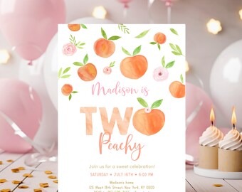 Editable Peach Birthday Invitation Two Peachy Second Birthday Invite Peach Floral Girl 2nd Birthday Printable Digital Download A668