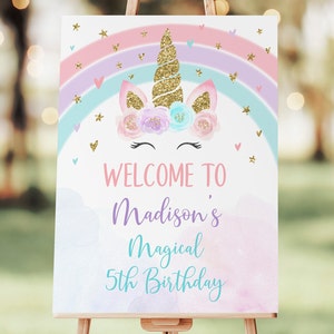 Editable Unicorn Birthday Welcome Sign Pastel Rainbow Unicorn Pink Gold Floral Unicorn Printable Digital Instant Download Corjl A582