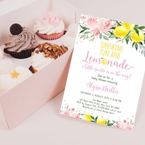 May include: A baby shower invitation with a pink and yellow lemonade theme. The invitation features a watercolor illustration of lemons, flowers, and greenery. The text reads "Sunshine Fun and Lemonade - A little sweetie is on the way!"  Join us for a baby shower honoring Alyssa Miller. Saturday, August 15th, 6:00 PM. The Miller Home, 125 West 10th Street, New York, NY 10020. RSVP by August 5th: 976.282.2455. Call or text. Registered at Store Names Here.
