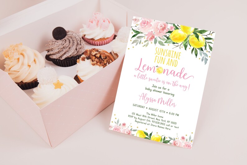 May include: A baby shower invitation with a pink and yellow lemonade theme. The invitation features a watercolor illustration of lemons, flowers, and greenery. The text reads "Sunshine Fun and Lemonade - A little sweetie is on the way!"  Join us for a baby shower honoring Alyssa Miller. Saturday, August 15th, 6:00 PM. The Miller Home, 125 West 10th Street, New York, NY 10020. RSVP by August 5th: 976.282.2455. Call or text. Registered at Store Names Here.