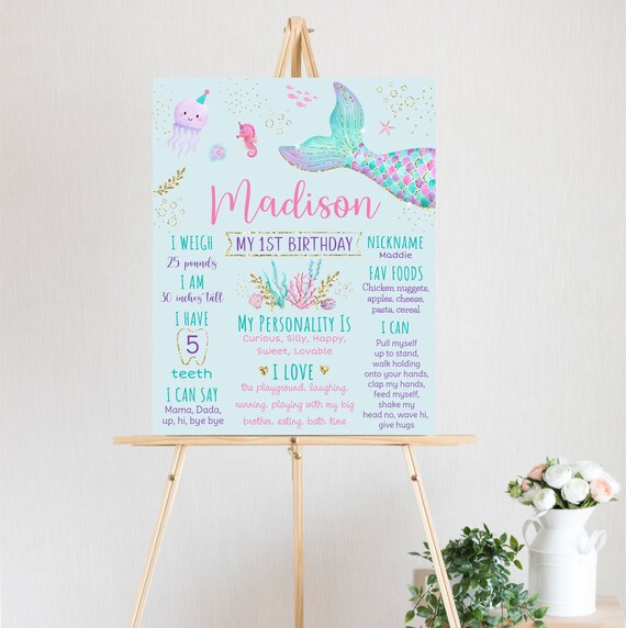 Editable Mermaid Birthday Milestone Sign Girls Mermaid Party Under The Sea Party Mermaid First Birthday Printable Digital Download A615 Il_570xn