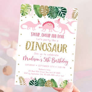 Editable Pink Dinosaur Birthday Invitation Pink & Gold Dinosaur Birthday Invite Girl Dinosaur Party Pink Safari Digital Printable A507