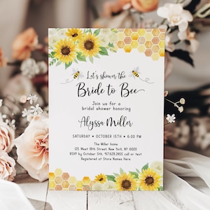 Editable Sunflower Bee Bridal Shower Invitation Bride To Bee Bridal Shower Invite Honey Bee Floral Printable Digital Download A712