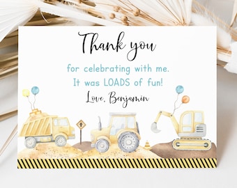 May include: Thank you for celebrating with me. It was LOADS of fun! Love, Benjamin. A thank you card with a yellow construction truck, tractor, and excavator with balloons.