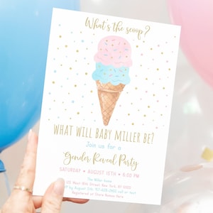 Bearbeitbare Einladung zur Gender-Reveal-Party mit Eiscreme-Thema (Rosa, Blau, Gold) – Druckbarer digitaler Download (A611) Bild 1