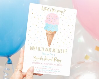 Editable What's The Scoop Ice Cream Gender Reveal Invitation Gender Reveal Ice Cream Party Pink Blue Gold Printable Digital Download A611