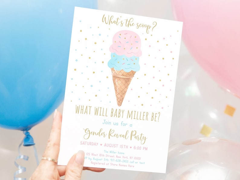 Bearbeitbare Einladung zur Gender-Reveal-Party mit Eiscreme-Thema (Rosa, Blau, Gold) – Druckbarer digitaler Download (A611) Bild 1