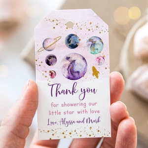 Editable Space Baby Shower Thank You Tags Favor Tags Pink Gold Galaxy Planet Outer Space Solar System Rocket Ship Instant Download A586
