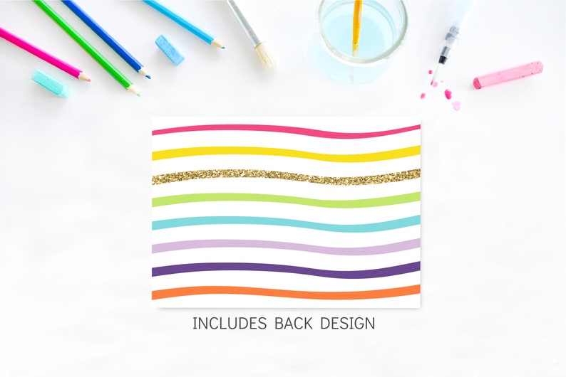 May include: A colorful printable design with wavy lines in pink, yellow, green, blue, purple, and orange. A gold glitter line is included in the design. The text "INCLUDES BACK DESIGN" is at the bottom of the design.