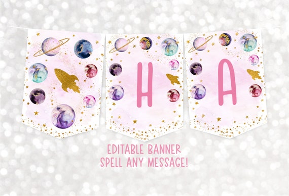 Editable Space Birthday Banner Galaxy Birthday Banner Pink Gold Galaxy Planets Outer Space Rocket Ship Girl Galaxy Party Printable A586 Il_570xn