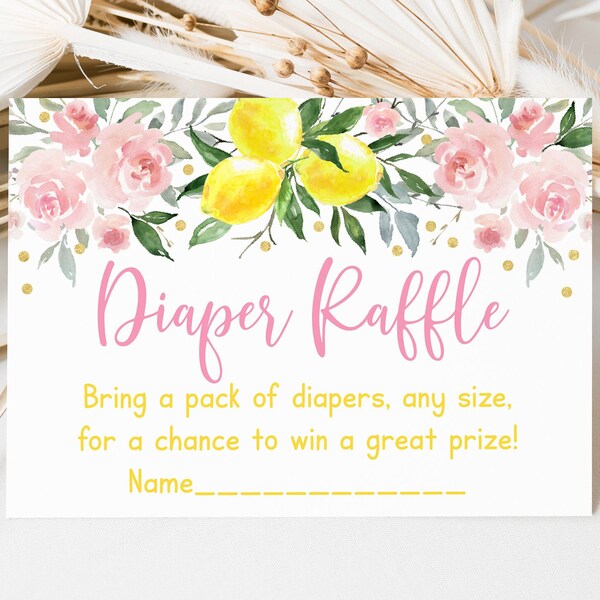 Lemon Baby Shower Diaper Raffle Cards Sunshine & Lemonade Pink Lemonade Little Sweetie Pink Gold Floral Baby Girl Printable Digital A613