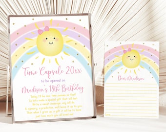 Editable Sunshine Rainbow Birthday Time Capsule Pastel Rainbow Pink Gold Sunshine Girl First Birthday Printable Digital Download A599